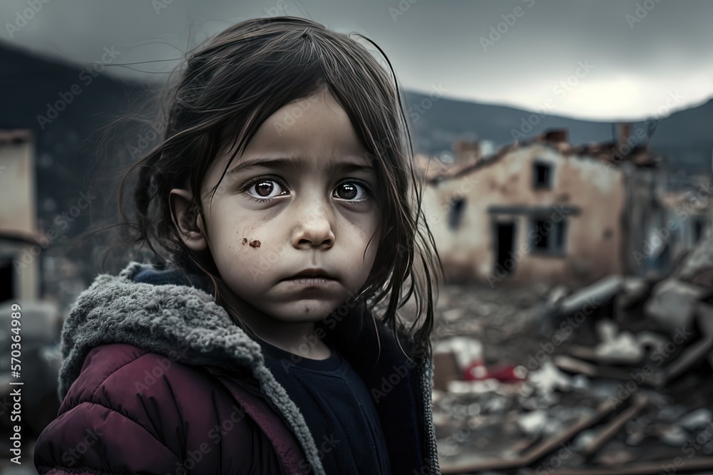 a sad girl standing in front of collapse buildings area, natural disaster or war victim, sorrow scenery idea for support children's right , especially Turkey and Syria earthquake, Generative Ai a sad girl standing in front of collapse buildings area, natural disaster or war victim, sorrow scenery idea for support children's right , especially Turkey and Syria earthquake, Generative Ai