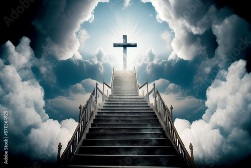 Tableau sur toile Light to Heavenly Sky with cross symbol, Stairway steps door leading to Heaven