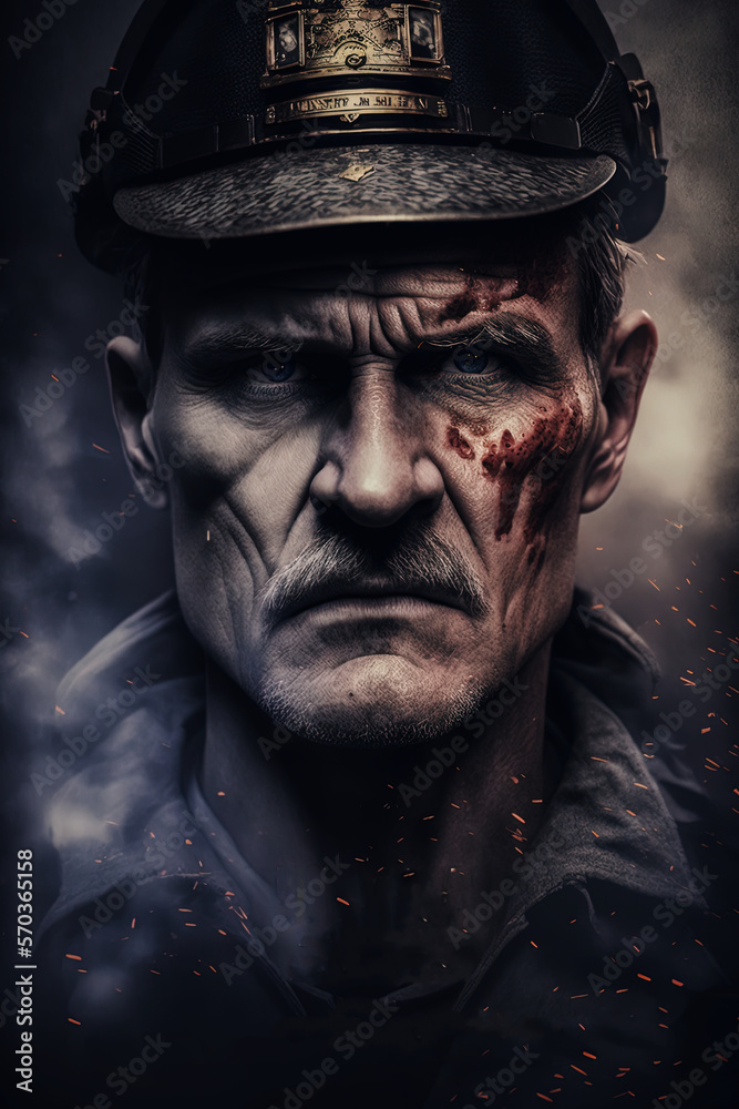 Strong portrait of Eastern European officer with moustache and blood on his cheek. Generative Ai.