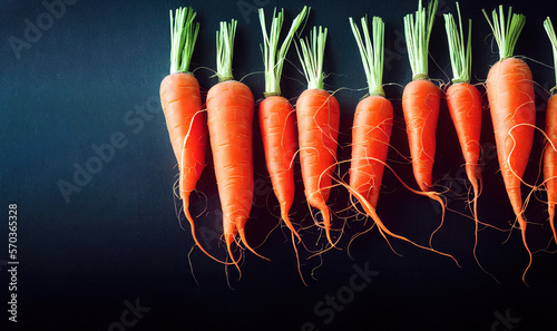 Line of fresh carrots with copy space, generative AI