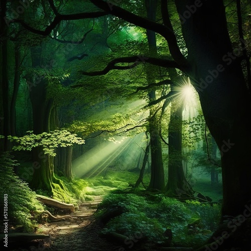 Beautiful sunlight rays in a green forest  generative ai