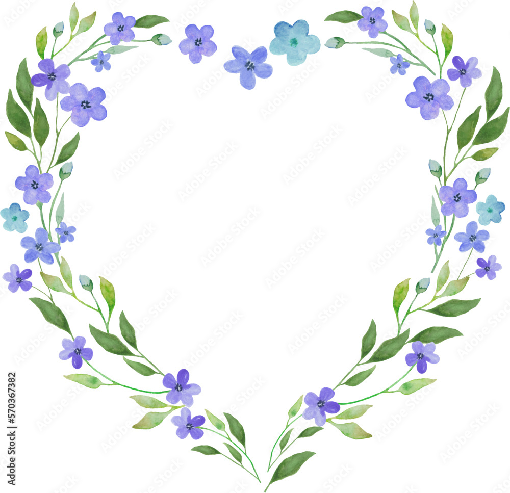 Watercolor floral heart wreath  with blue flowers.. Floral hand drawn illustration. Design   greeting cards, wedding, invitation, wrapping. Vector EPS.