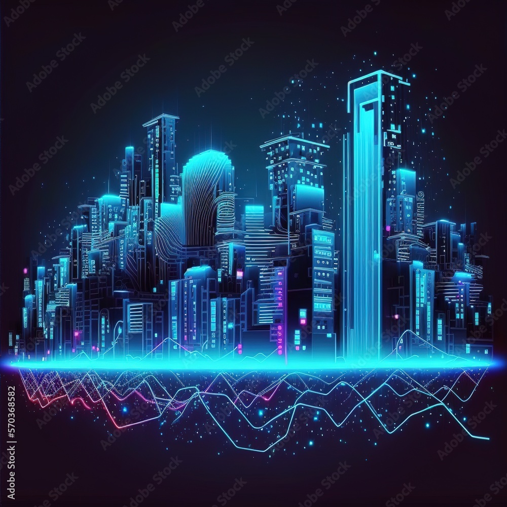 smart night city's futuristic infrastructure. Colors in blue neon. Metaverse concept of connection technology. Big data night city banner, generative ai