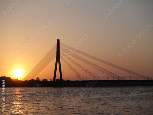 The silhouette of Vansu Bridge in Riga at sunset