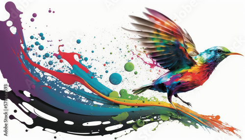 Generative AI bird flying shape Rainbow splash wave strong colors