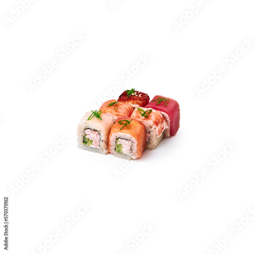 The set of 8 sushi rolls Rainbow Roll isolated on a white background