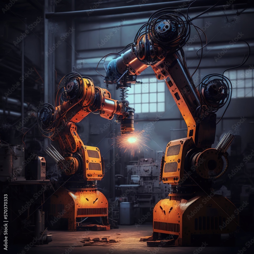 Industrial welding robots, robotic arms at work in a futuristic factory, generative ai