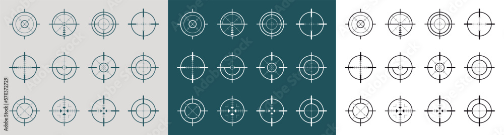 Puntos de mira. Ilustración de vector creativo del conjunto de iconos de puntos de mira aislado sobre fondo transparente y fondo azul, signos símbolo. 