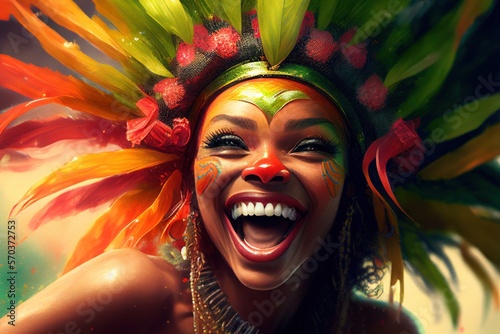 Passistas de carnaval, maquiados, fantasiados, vestidos pro carnaval brasileiro pro destile de rua. GENERATIVE AI photo
