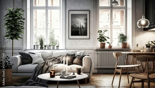 Scandinavian style interior design idea. Generative AI © Matyfiz