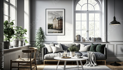 Scandinavian style interior design idea. Generative AI © Matyfiz