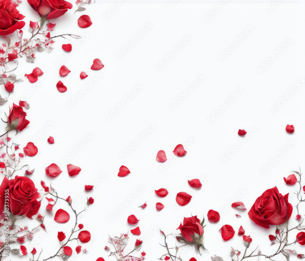 Red Roses and Hearts on White Background, Happy Valentine’s Day, Romantic Design Concept, AI