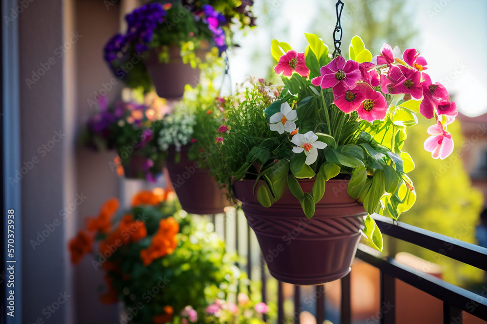 Plants and flowers in pots hanging from a condominium balcony in the style of a realistic photo and made with Generative AI - obrazy, fototapety, plakaty 