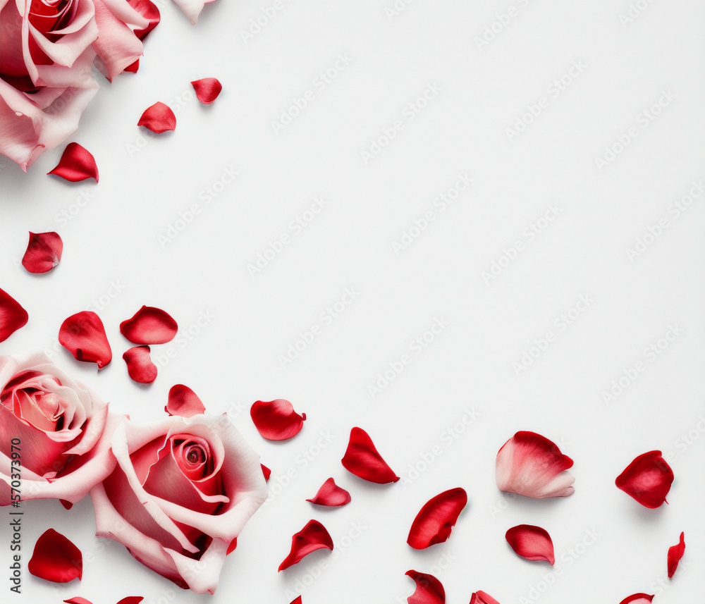 Red Roses and Hearts on White Background, Happy Valentine’s Day, Romantic Design Concept, AI