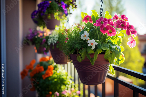 Fotomurale Plants and flowers in pots hanging from a condominium balcony in the style of a
