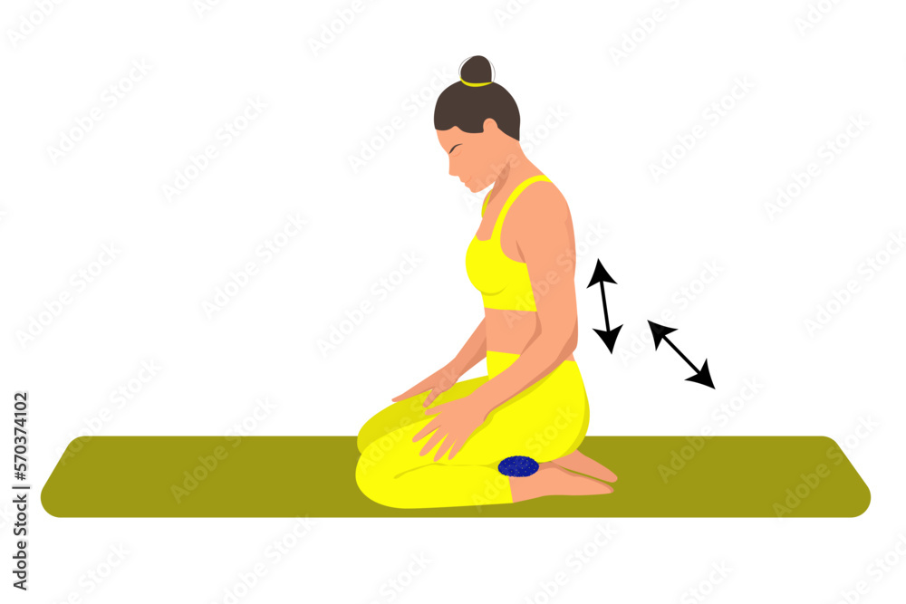 Vector illustration. A woman performs exercises on a mat with a needle ball for myofascial relaxation. The ball is used to relax trigger points.