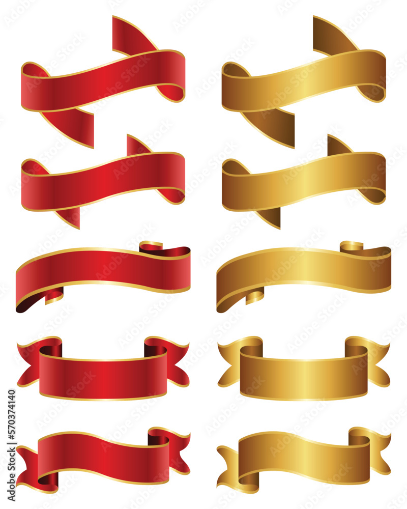 Red and Golden Ribbon Banner Set. Vector Illustration.
