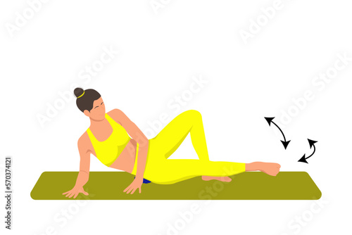 Vector illustration. A woman performs exercises on a mat with a needle ball for myofascial relaxation. The ball is used to relax trigger points.