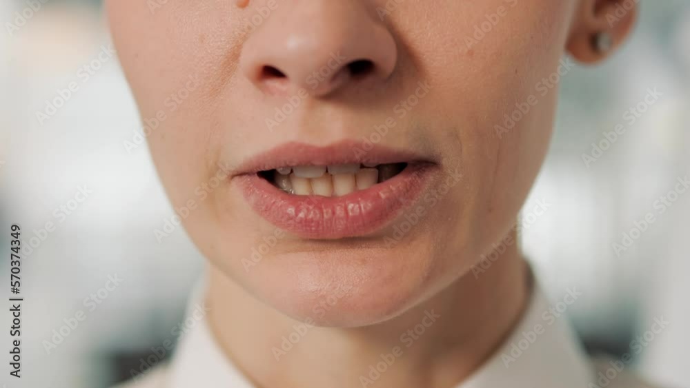 Closeup view moving mouth of businesswoman, face part of speaking female leader having influence to audience makes announcement, motivational speech, say text, provide helpful information concept.