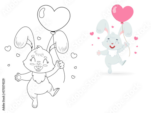 Cute, children's coloring rabbit with a balloon in the form of a heart. Beautiful vector illustration in cartoon style.