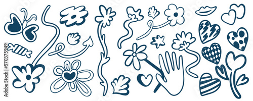 big set of decorative elements in doodle style. Vector objects for design and printing. Decorative elements for valentines day. Simple line designs.