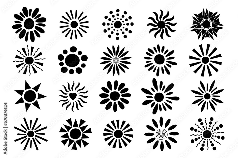 Sun silhouettes set, summertime vacations hand drawn doodle vector illustration for seasonal home or party decor, simple silhouette, minimalist concept, design for kids Sun silhouettes set, summertime vacations hand drawn doodle vector illustration for seasonal home or party decor, simple silhouette, minimalist concept, design for kids