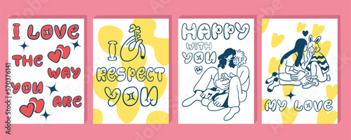 set of postcard posters for valentine's day. Vector objects for design and printing. Decorative elements for valentines day. Simple line designs. Original monochrome illustrations