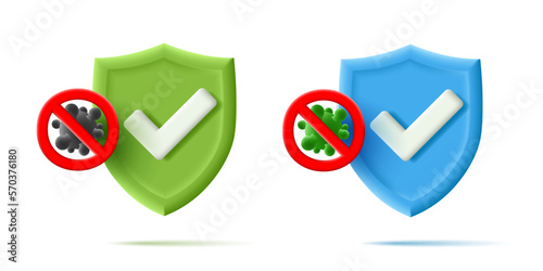 A set of shields with check marks and destroyed bacteria. Protection against viruses, bacteria. Elements for design concepts of pharmaceutical products and antivirus programs.