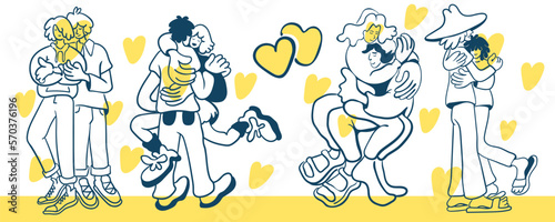 set of people love scenes. couple in love. two people together.Hugging scene illustration. Vector flat illustration of expressing feelings. Postcard for Valentine's day. linear design. 