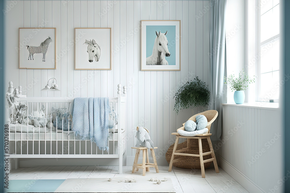 Interior of a baby nursery featuring a crib, a photo gallery, a doll ...