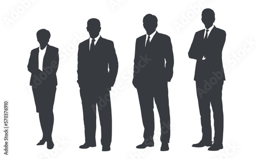 Business people group gray silhouettes pose on white background, flat line vector and illustration.