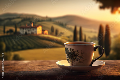 Cup of coffee or tea on the background of Tuscany, Italy. Based on Generative AI