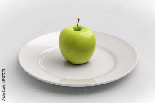 Green apple is displayed on a plate against a flawless white background. ai generated. photo