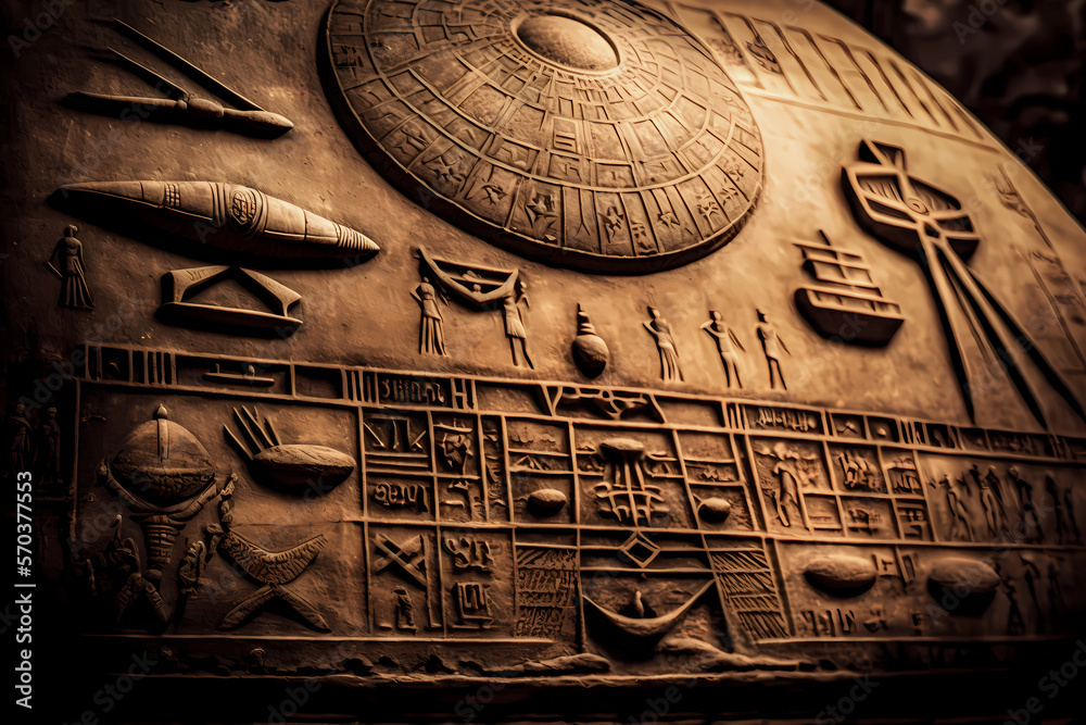 Old Egyptian hieroglyphs with UFO Aliens on ancient background. Concept humanoid Flying saucer history of Earth. Generation AI