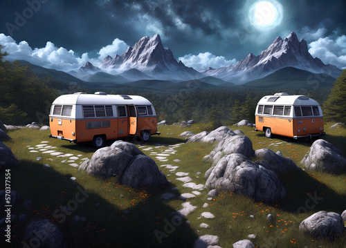 camping in the mountains. trailer car, caravan, journey, rocks, star landscape © Alena
