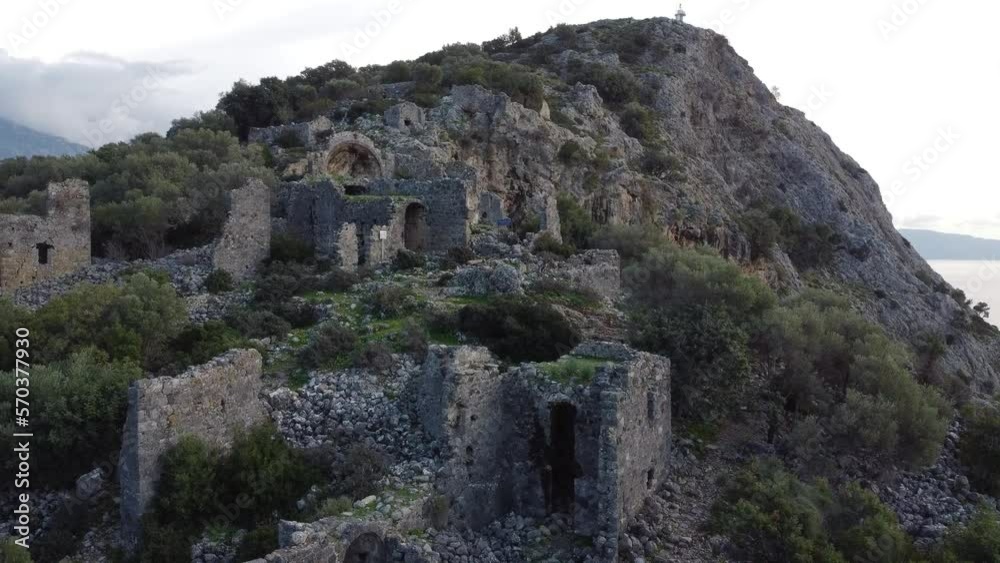 Ancient buildings on the St. Nicholas island in the Mediterranean sea. Ancient city on the St. Nicholas island from drone Ancient buildings on the St. Nicholas island in the Mediterranean sea. Ancient city on the St. Nicholas island from drone