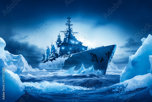 Military navy ship carrier in water Arctic ocean. Warship of army on secret mission with green northern lights or Aurora borealis. Generation AI