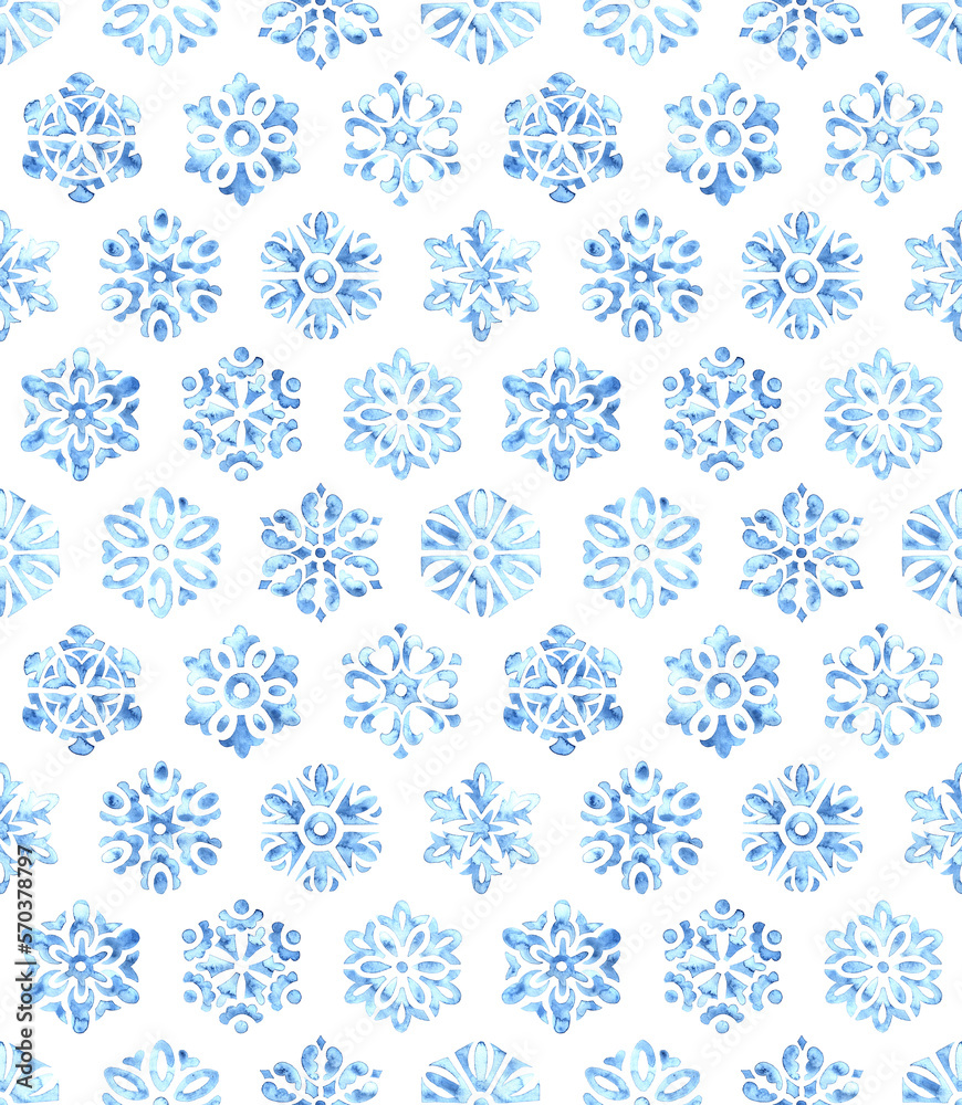 Seamless winter pattern of snowflakes. Watercolor circular fractals drawn on paper. Cute textured print. Seamless winter pattern of snowflakes. Watercolor circular fractals drawn on paper. Cute textured print.