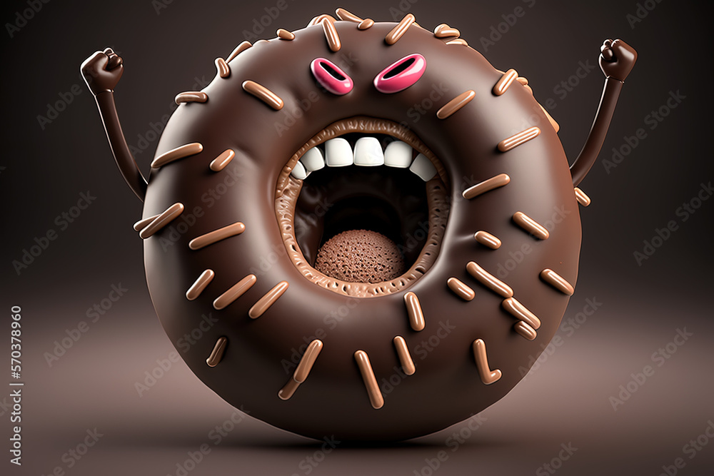 Lustiger und Lachender Schoko Donut mit Gesicht, Generative AI Stock