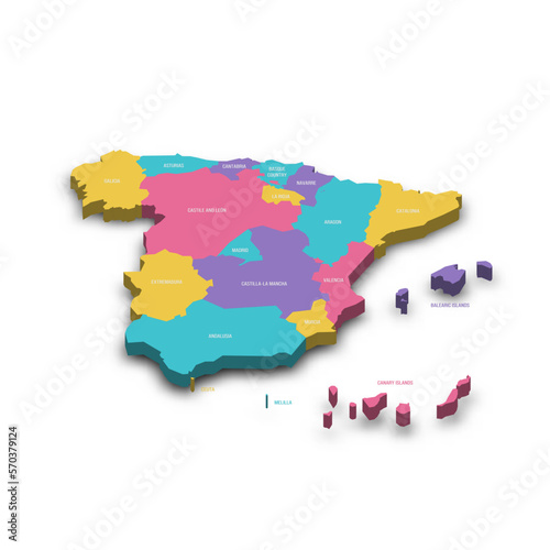 Spain political map of administrative divisions - autonomous communities and autonomous cities of Ceuta and Melilla. Colorful 3D vector map with dropped shadow and country name labels.