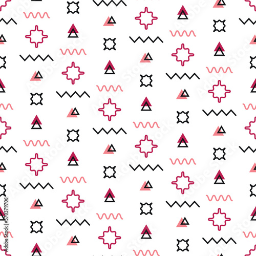 Abstract seamless pattern with geometric shapes and lines. Sample swatch with triangles.