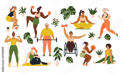 Women different sizes, ages and races activities. Set of women doing sports, yoga, jogging, jumping, stretching, fitness.