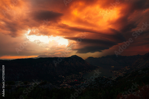 Red-orange sunset sky over the Bay of Kotor. View from Mount Lovcen
