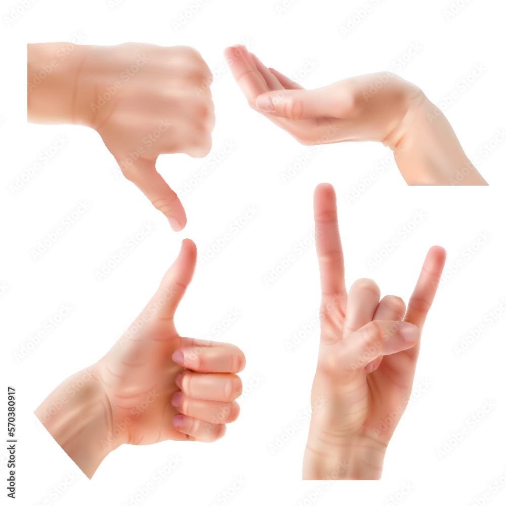 set of different hands showing signs, set of hands