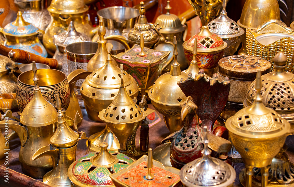 Muscat, Oman Souvenirs are displayed in the bazaar, Mutrah Old Town.
