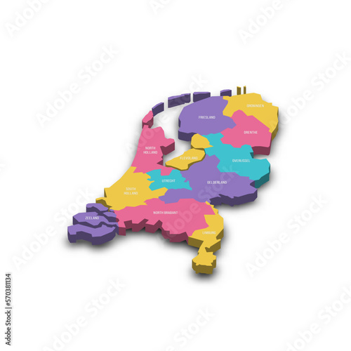 Netherlands political map of administrative divisions - provinces. Colorful 3D vector map with dropped shadow and country name labels.
