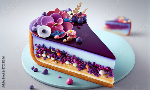 3D Birthday piece of cake with flouwers and decorations. Violet cake emoji. Party surprise concept. Slice of dessert with cream. 3D Renderin - Generated by Generative AI photo