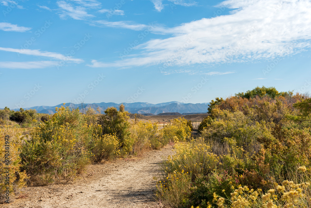 Recreational trail around Mack Mesa Lake in Highline Lake State Park, western Colorado on a sunny day in early autumn Recreational trail around Mack Mesa Lake in Highline Lake State Park, western Colorado on a sunny day in early autumn