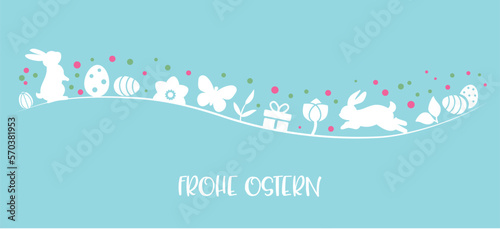 Ostergrüße - dekorative Vektor Grafik mit Osterhasen und Ostereiern auf blauem Hintergrund - deutscher Text