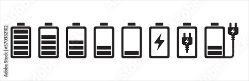 Battery icon set. Battery charging level sign. Wire electric plug charge sign. Vector stock illustration.
